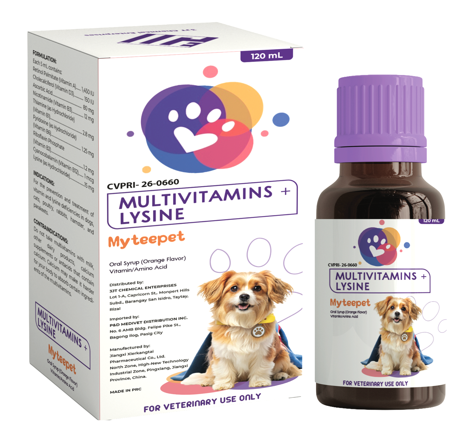 Myteepet Multivitamins and Lysine oral syrup with box and bottle